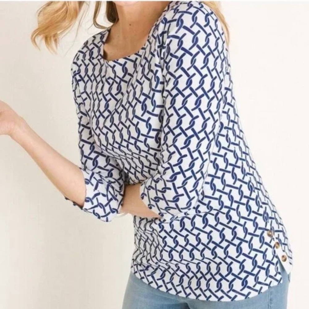 Chicos Bateau Neck Supima Cotton XL Blue White Geometric Top S